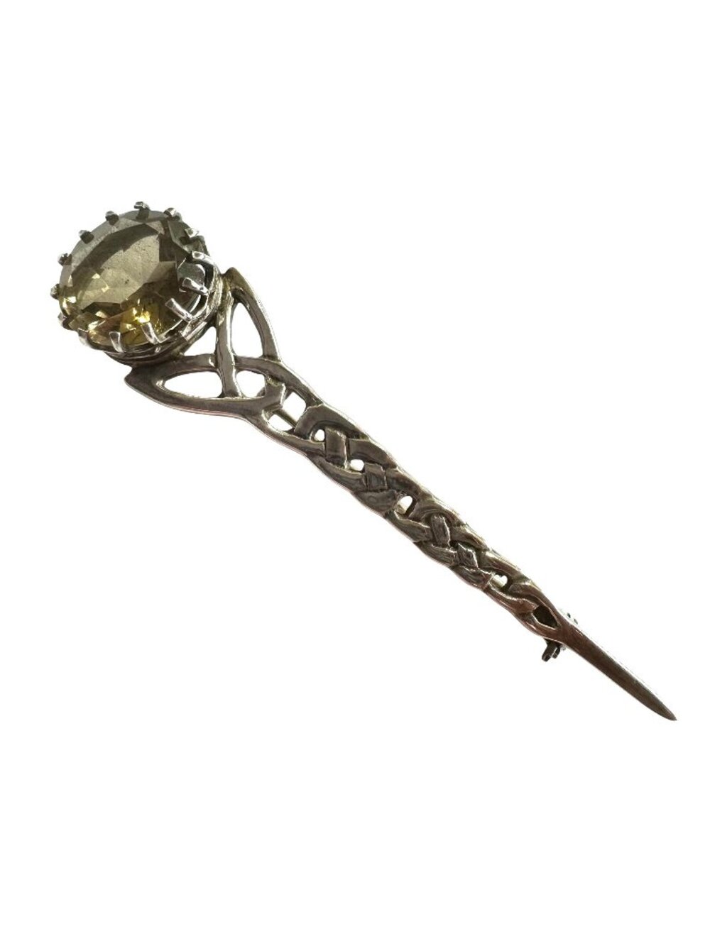 Vintage Sterling Silver Celtic Kilt Brooch With Citrine Gemstone